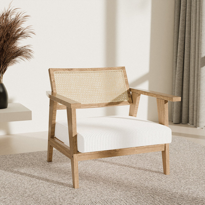 Cane Back Accent Chair, Wood Armchair with Upholstered Seat, White