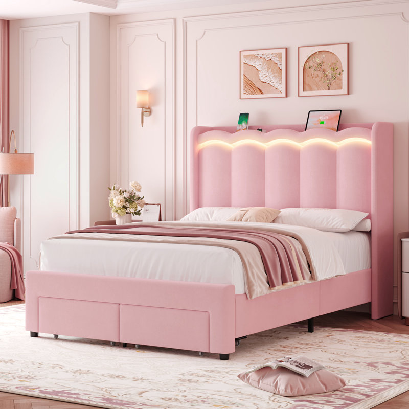 Velvet Upholstered Storage Bed With LED Lights, Storage Platform Bed With 2 Drawer & Charging Station, Full, Pink