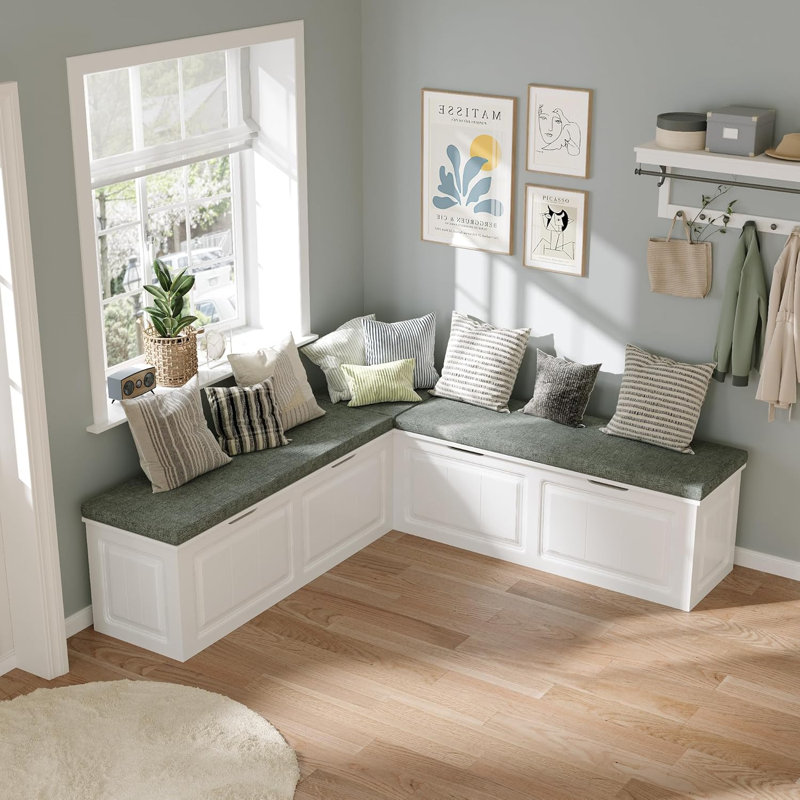 160cm L-Shaped Shoe Bench with Padded Seat & 4 Hidden Storage Bins - White & Grey Hallway Bench