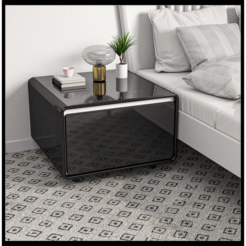Table d'appoint moderne et intelligente avec réfrigérateur intégré, charge sans fil, contrôle de la température, prise de courant, ports USB, protection des prises, lumière à induction, noir