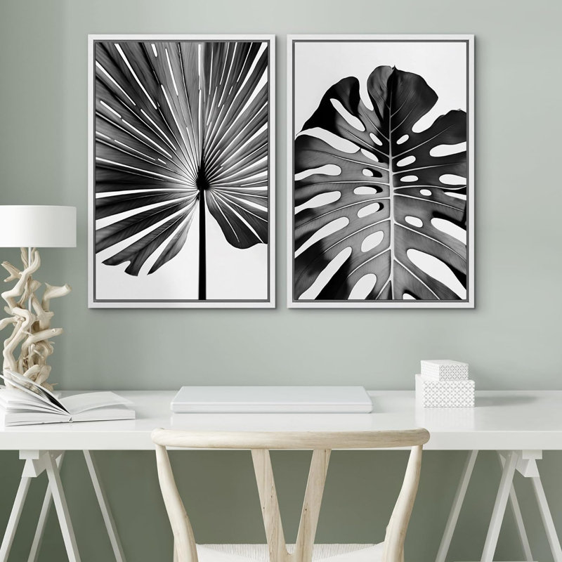 Reproduction de feuilles tropicales noires et blanches Monstera Jungle, H 36 po x l 48 po x P 1,5 po, Cadre flottant blanc