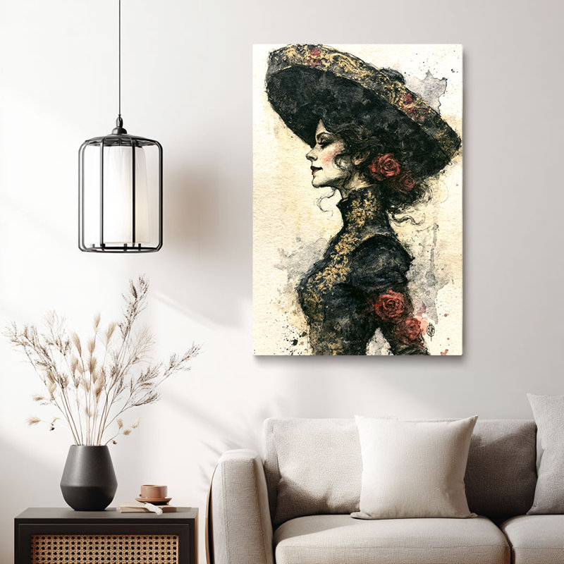 «Figurine de chapeau de Charro mexicain élégant avec roses rouges», art mural tendu sur toile tendue pour Eclectic Studio