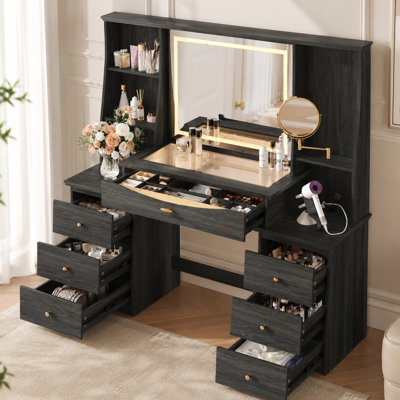 54.3'' Wide 7-Drawer Makeup Vanity Desk with LED Lighted Mirror, 5X Magnifying Mirror and Power Outlet