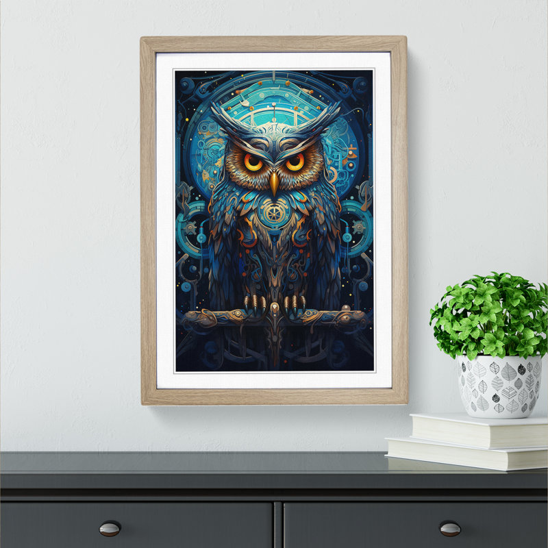 Owl Futurism No.2 - Single Picture Frame Print on Wood, 34cm H x 25cm W x 2cm D, Oak