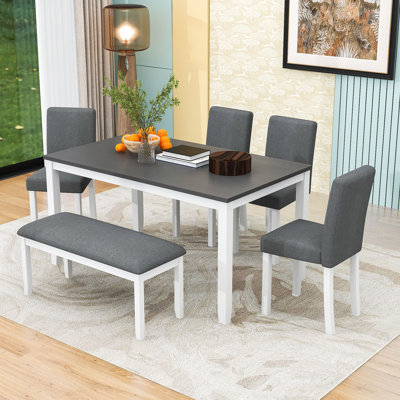 Ensemble de table de salle à manger rectangulaire 6 pièces avec table en bois, 4 chaises rembourrées et banc pour 6