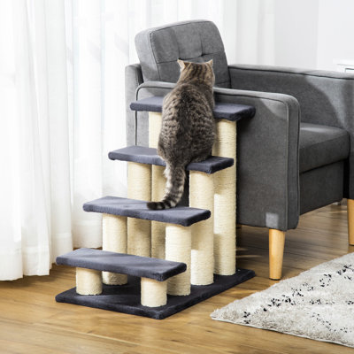 Arbre à chat gris avec 4 marches, idéal pour les chats d'intérieur et les chiens, avec jeu de poteaux à griffes et arbre de soutien pour système de soutien en forme d'escalier, gris, chiots à marches