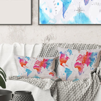 Rectangle, carte du monde en rose et bleu - Coussin décoratif imprimé moderne