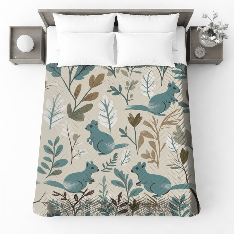 Couvre-lit bleu sarcelle avec écureuils et feuilles, Lit simple
