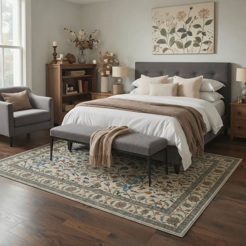 Vinea Floral Vines Machine Washable Oatmeal Beige Indoor Area Rug With Non-Slip Backing, Rectangle 5' x 7'