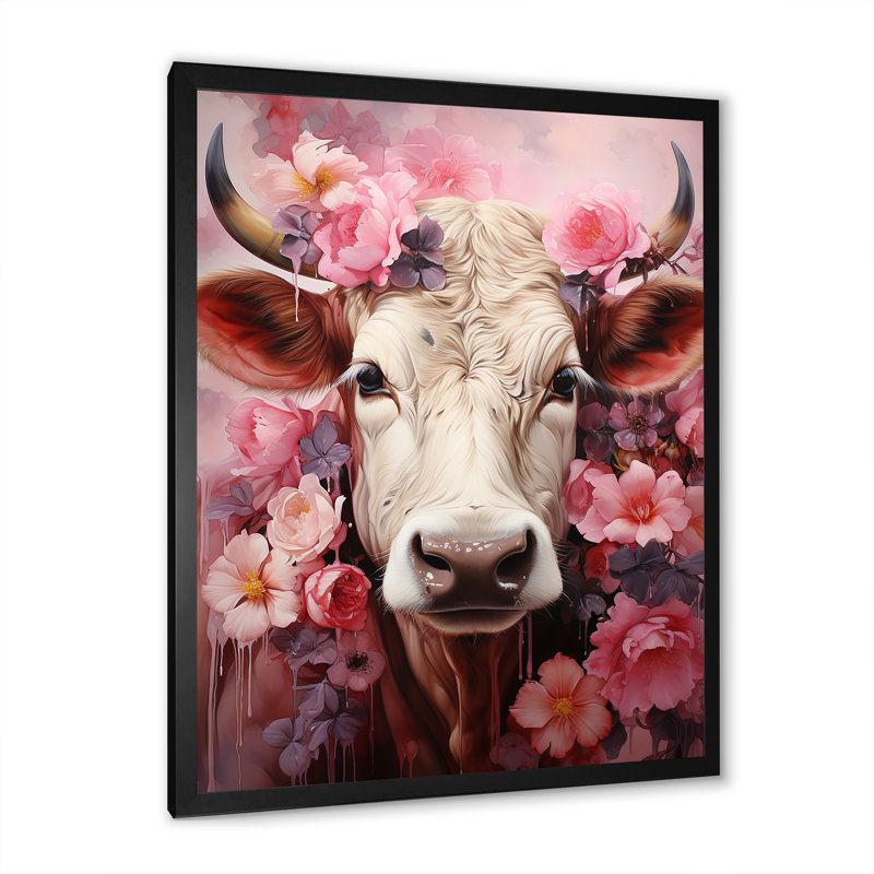 Romantisme, portrait de vache rose sur toile, Cadre simple noir, H 20 po x l 12 po x P 1 po