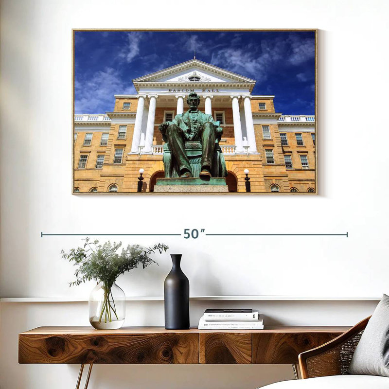 Bascom Hall Lincoln Statue, Floating Frame Natural Wood, 40" X 27"