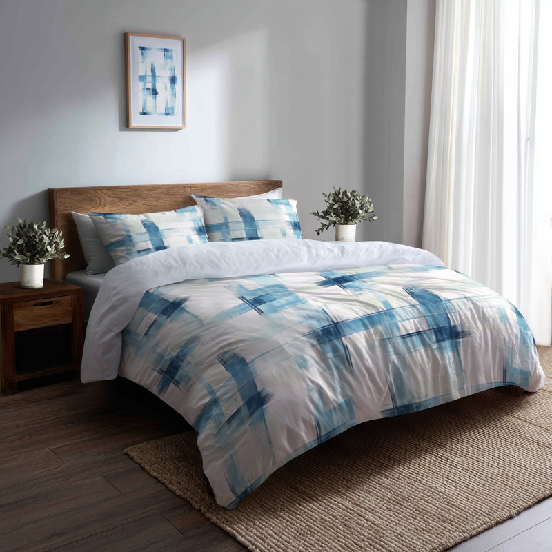 Ensemble de literie moderne 3 pièces - Ensemble de housse de couette et de coussins à carreaux horizon bleu clair