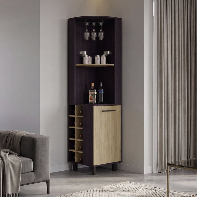 Kingston Corner Bar Cabinet with Wine Bottle Storage, Stemware Rack, Display Shelves, and Multi-Functional Home Bar 
