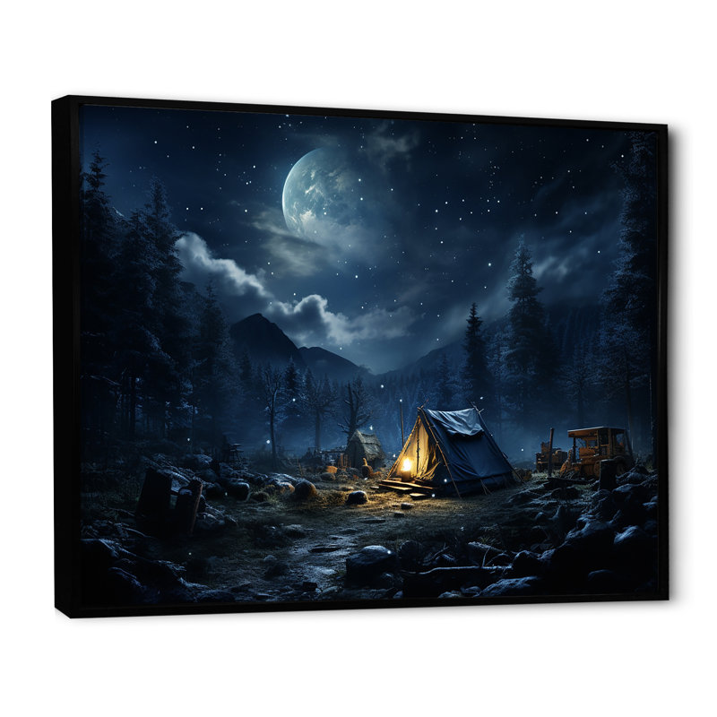 Starlit Camping In Canada 2 - Camping Travel Wall Art, 34" H x 44" W x 1.5" D, Black Floater Framed