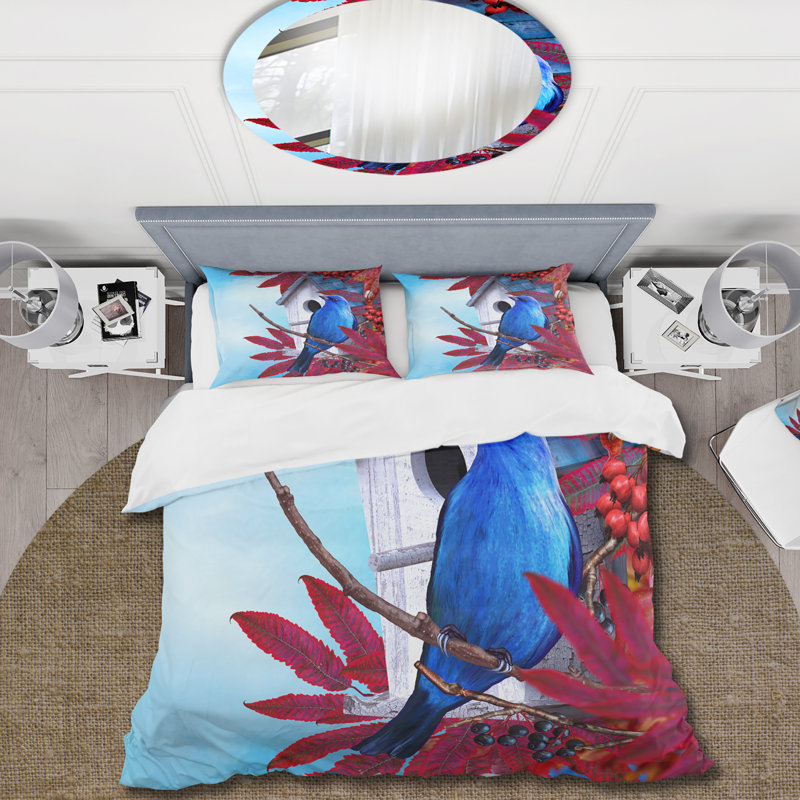 Petit oiseau bleu assis sur une branche de feuilles rouges - Ensemble de housse de couette Country - Microfibre de polyester