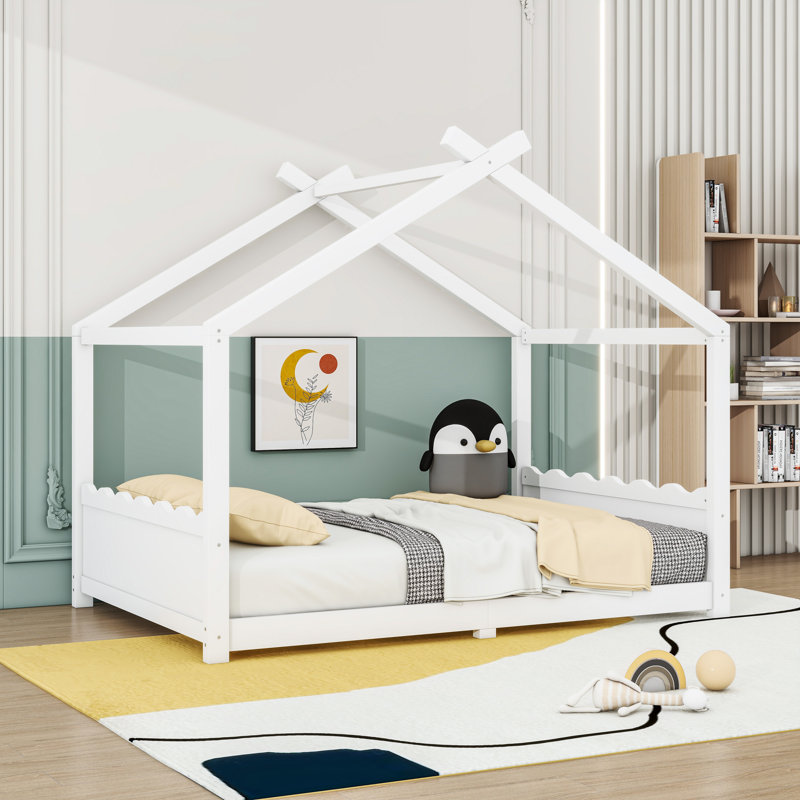 Wood Floor Bed With Slats, Full, White