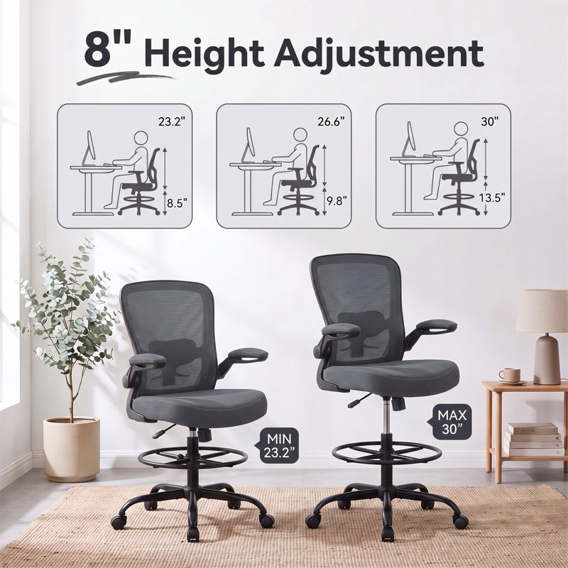 Chaise de dessinateur en filet avec repose-pieds réglable et support lombaire , Gris foncé