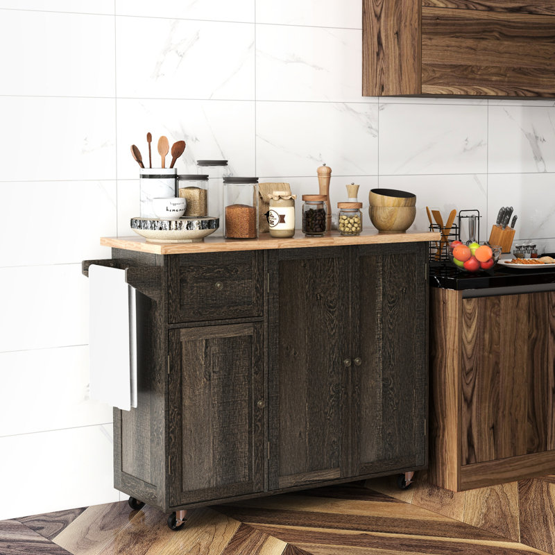 Îlot de cuisine avec chariot roulant, plateau, porte-serviettes, grand tiroir, tablette de rangement réglable, surface de coupe mobile, cintre