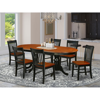 7 Piece Dining Table Set Consist of an Oval Dining Room Table with Butterfly Leaf and 6 Wooden Seat Chairs, Black & Cherry