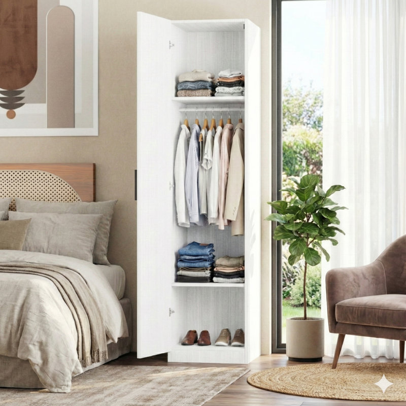 Grande armoire peu encombrante avec tablettes et tringle, Blanc