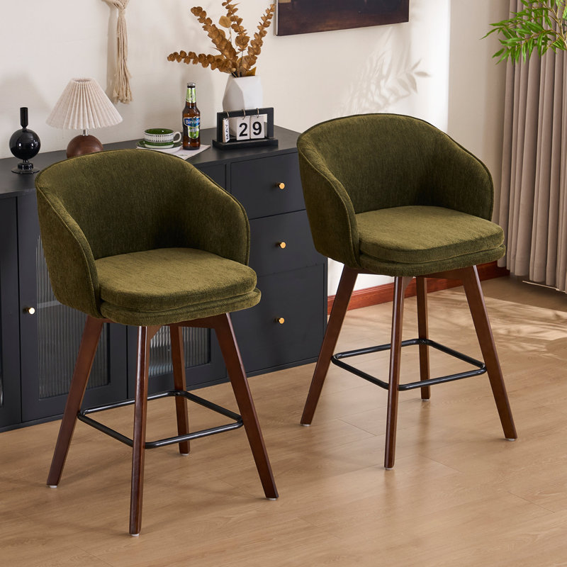 Allis Mid-Century Modern Chenille Fabric Counter Stools,Upholstered Swivel Barstools With Wood Legs,Counter Height Stools with Wingback,Footrest,For Kitchen Island Bar Counter,Green