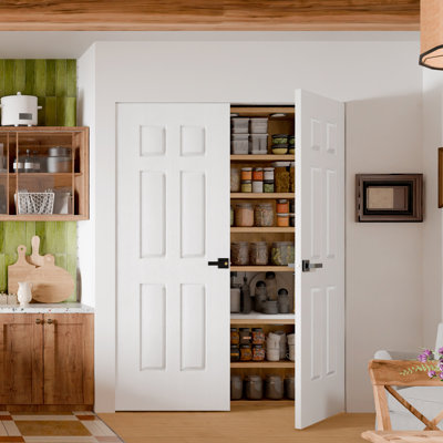 Interior Pantry Doors - White 6-Panels Design Double Standard Door Slab With Black Handle Prefinished Solid Core Doors