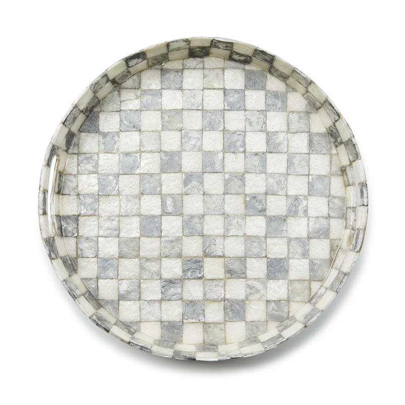 Check Capiz Round Tray, Gray/White