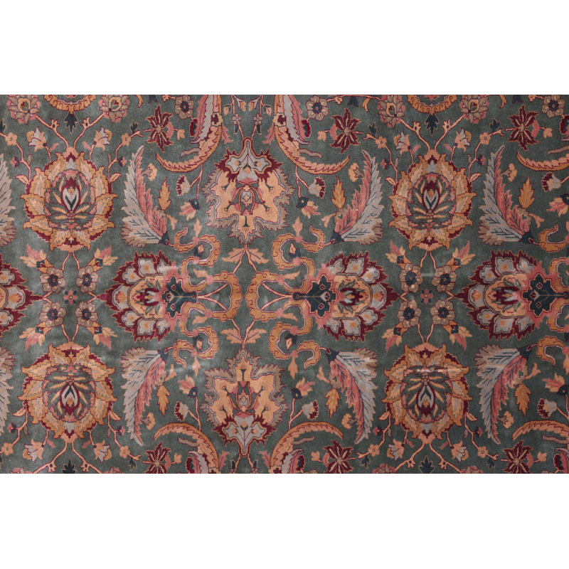 Oriental Hand-Knotted Wool Green/Burgundy/Orange Area Rug, Rectangle 9'2" x 11'10"