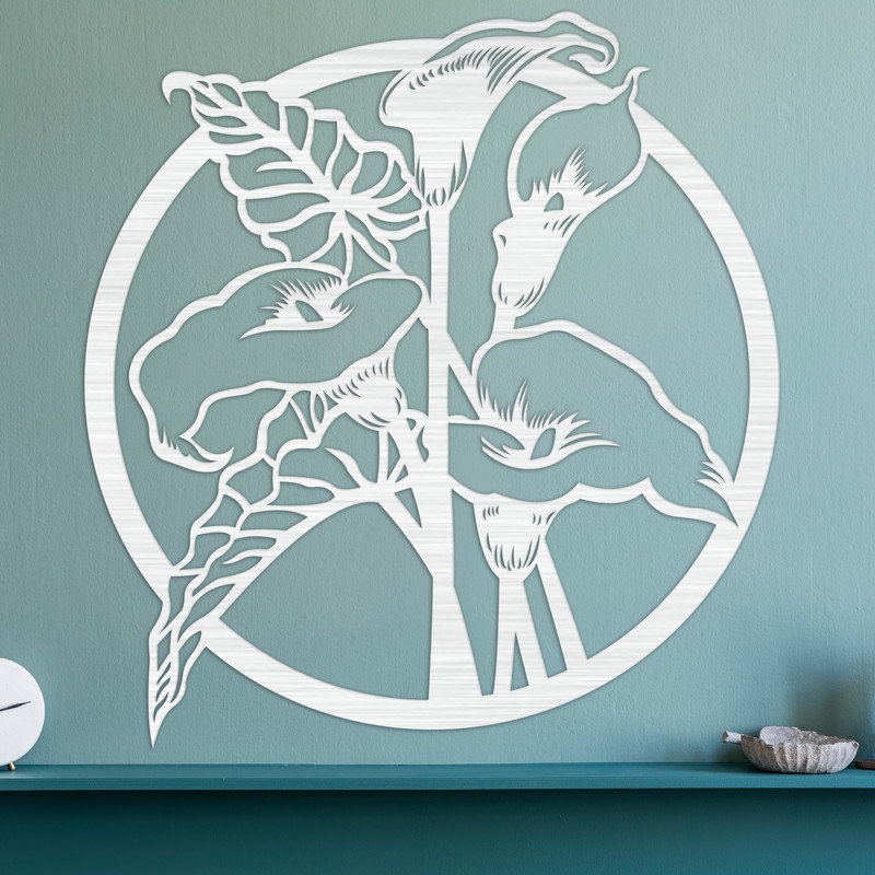 Art mural circulaire avec fleur et feuilles - ACM blanc (30 po x 32 po), H 30 po x l 32 po x P 0,25 po, Argent