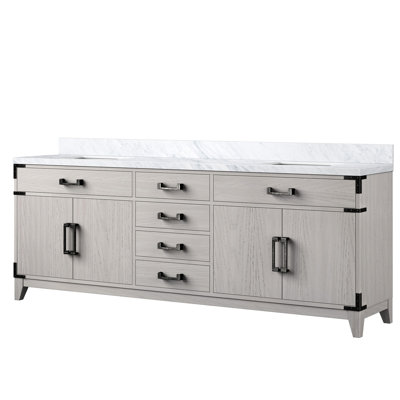 Chêne blanc garni de marbre 84 po Meuble-lavabo de salle de bain - Bois massif, fermeture douce, armoires bien organisées avec cadre en bois, polyvalent