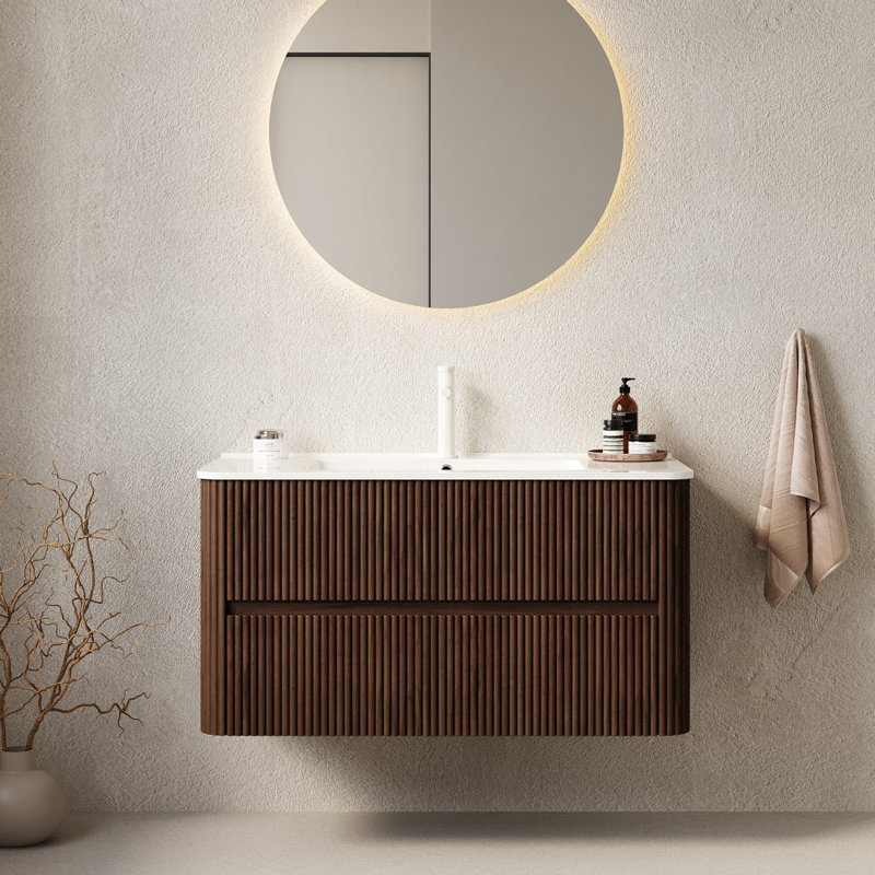 Karmyne 36'' Striped Nature Solid Wood Bathroom Vanity with Sink, Modern Wall-Mounted Floating Plywood Bathroom Cabinet, White Ceramic Basin, Pre-assembled, Natural Walnut