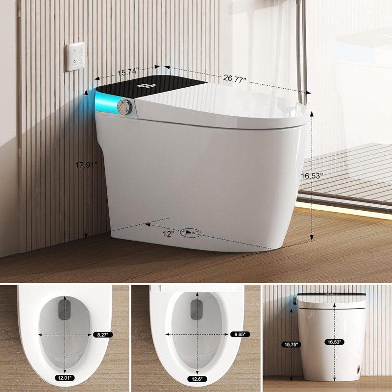 Smart Toilet With Heated Seat & Auto Flushing, Slow Close, Night Light, Remote Control, Water-Saving Siphon Dual Flush, Emergency Flush, Smart Toilet Without Bidet