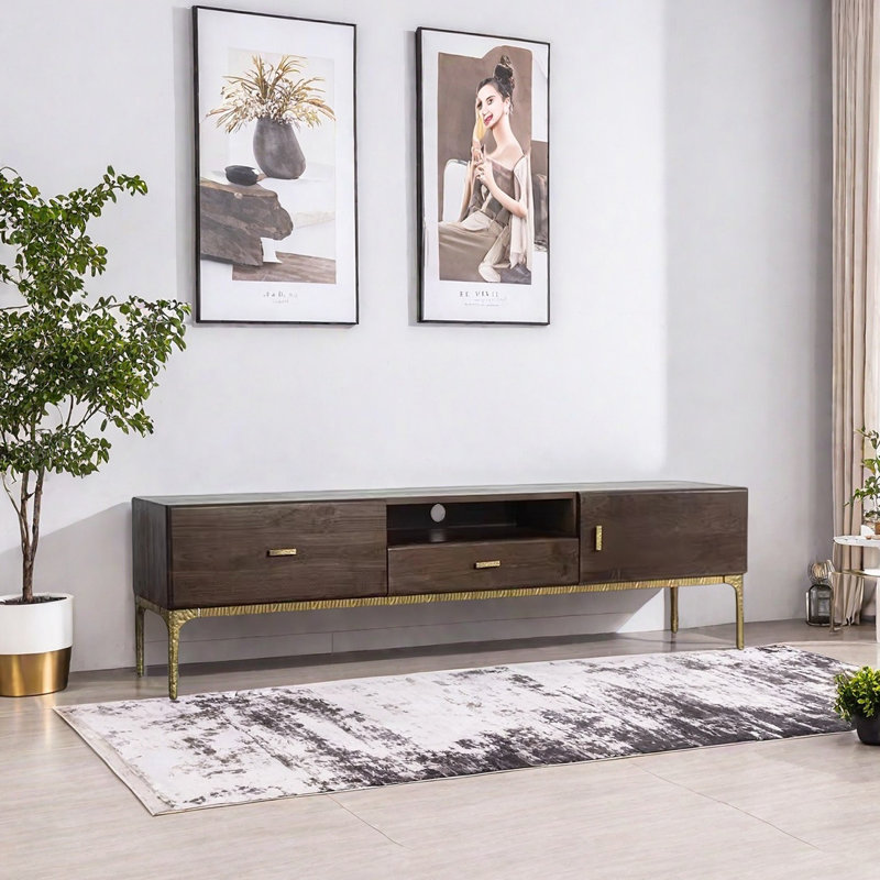 Meuble télé en bois massif avec pieds hauts en fonte, H 19,68 po x L 86,61 po x l 15,74 po
