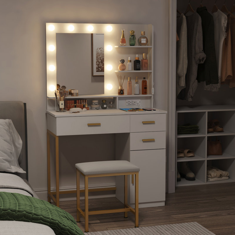 Vanity With Mirror And Lights, Adjustable Color/brightness, White Makeup Desk With 2 Drawers And Stool For Bedroom, Bathroom, Makeup Room