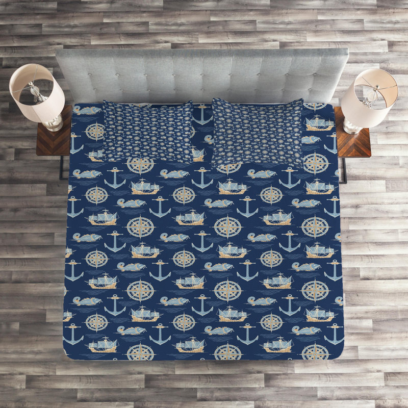 Coastal Polyester Coverlet, King Bedspread + 2 Shams, Pale Blue
