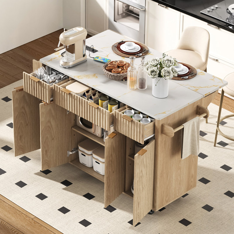 Fluted Kitchen Island With Storage, Drop Leaf, Power Outlet, And Faux Marble Top For Modern Kitchens And Dining Rooms