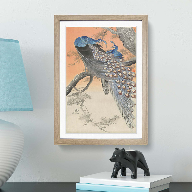 Two Peacocks by Ohara Koson - Picture Frame Painting Print, Oak Framed, 48cm H x 36cm W x 2cm D
