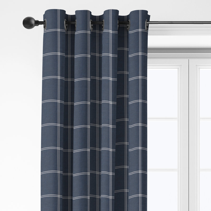 Shay Window Pane Dark Denim Cotton Grommet Top Drapery Panel Set of 2, 50" W x 120" L