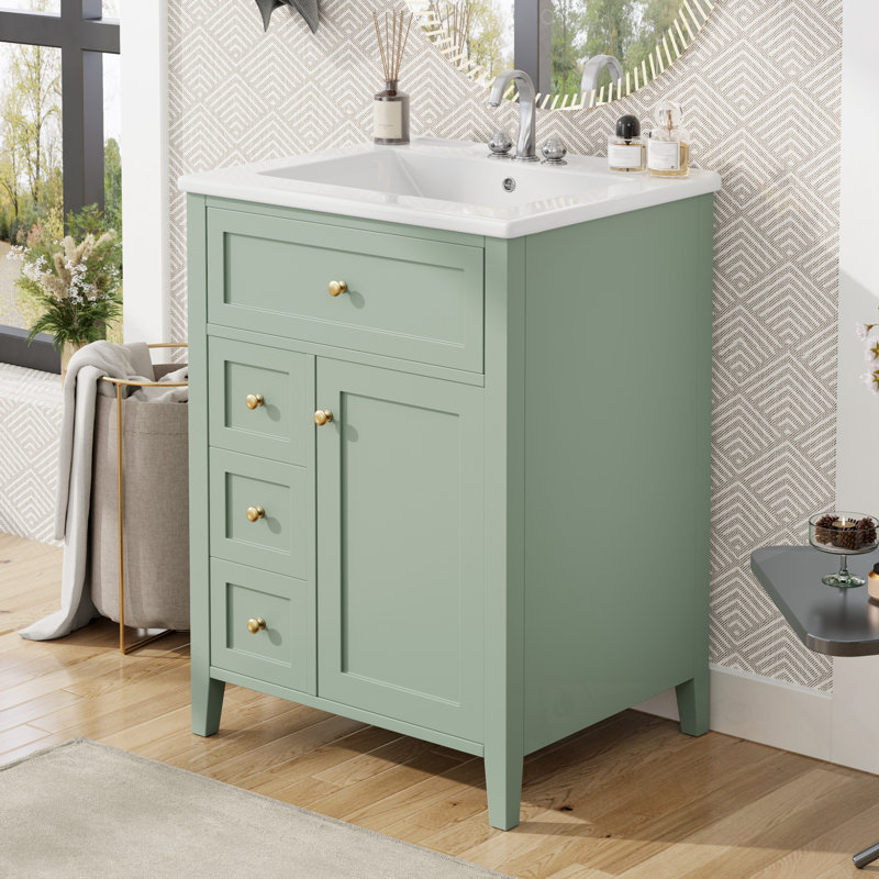 Meuble-lavabo avec lavabo, 3 tiroirs, 1 armoire et tablette réglable, Vert