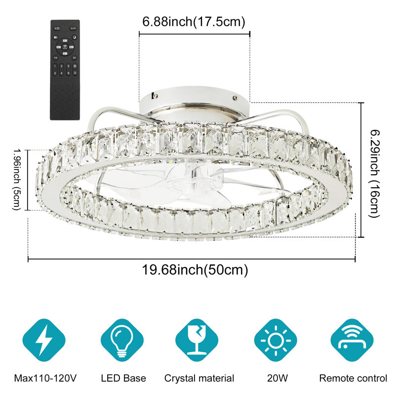 Ventilateur de plafond à intensité variable de 19,68 po avec lumières DEL et télécommande Hynda, Chrome