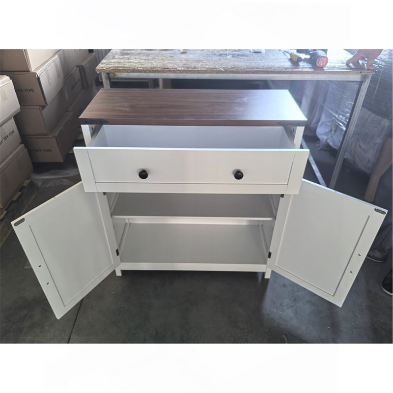 Farmhouse Storage Cabinet With Drawer And Adjustable Shelf, White Kitchen Cabinet With Walnut Countertop,  Modern Coffee Bar Console Cabinet For Kitchen, Dining Room, Bathroom, Entryway