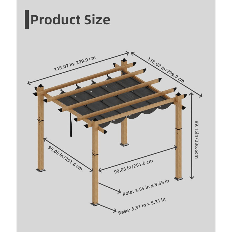 10x10 Retractable Pergola Aluminum Outdoor Pergola with Faux Wood Finish Retractable Canopy for Patio or Deck or Garden or Beach or Pavilion Wood and Gray
