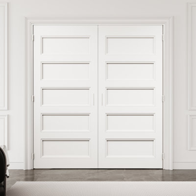 Porte française intérieure moulée 60 po x 80 po à 5 panneaux avec quincaillerie noire et loquet et levier de porte, dalle de porte unie, peignable et imperméable, combinaison pour la lessive, portes de placard, portes de pièce, assemblage requis