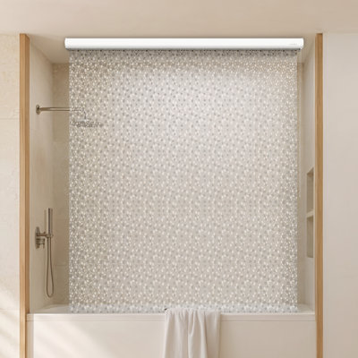 Rideau de douche / doublure de salle de bain enroulable au plafond Jakooz - base de 56 po - jusqu'à 95 po de long - utilisation pour les plafonds de 9 pi - PEVA imperméable - rideaux de douche en plastique pour la salle de bain - sans tringle, crochets ou anneaux (étincelle)