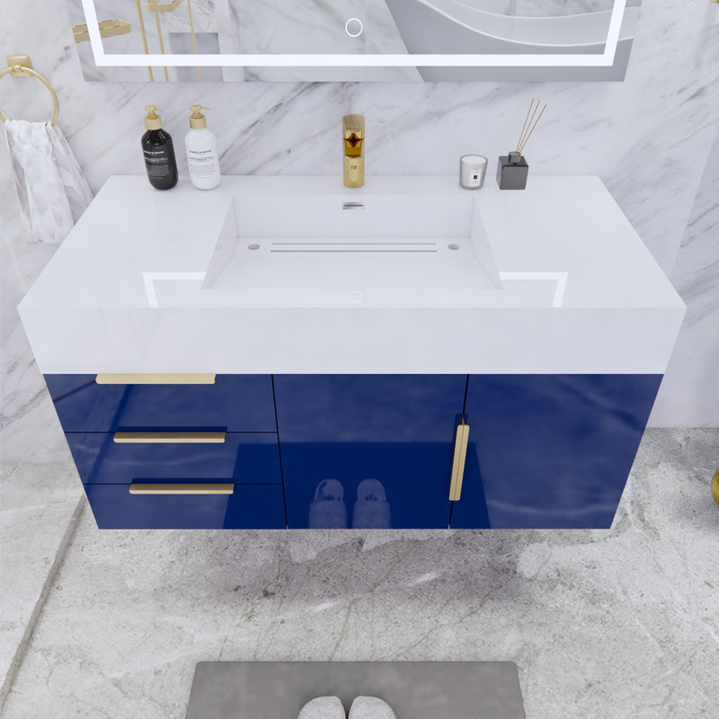Ensemble de meuble-lavabo simple mural 42 po Glasgow, Blanc, Bleu nuit ultrabrillant