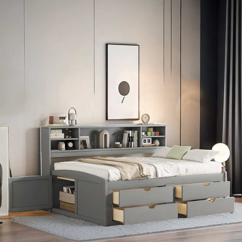 Desman Wood Daybed with Storage Bookcase, Two Cabinets and Four Drawers, Gray