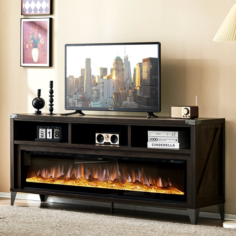 Bowrah TV Stand for TVs up to 75" with Electric Fireplace Included, Espresso, Espresso