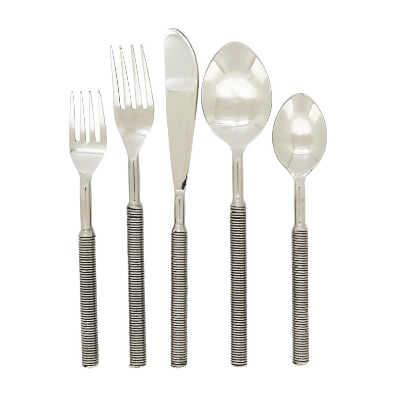 Sleek Ribbed Stainless Steel Flatware Set, Silver, 5-Piece