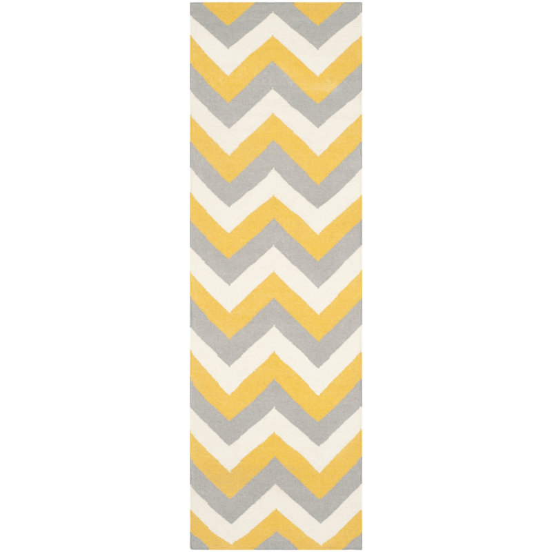 Rodgers Hand Woven Flat Weave Wool/Cotton Chevron Rug in Ivory/Gold/Grey, Runner 2'6" x 8'