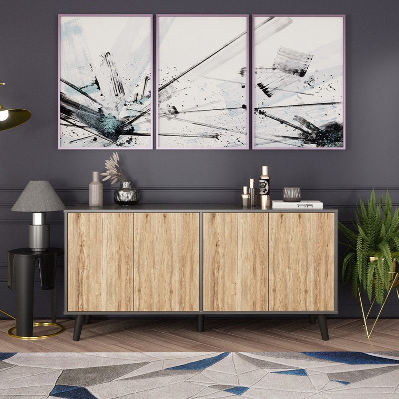 Caplinger Sideboard Buffet Cabinet With Storage, 55" Kitchen Storage Cabinets With 4 Doors, Dark Gray/Natural Oak